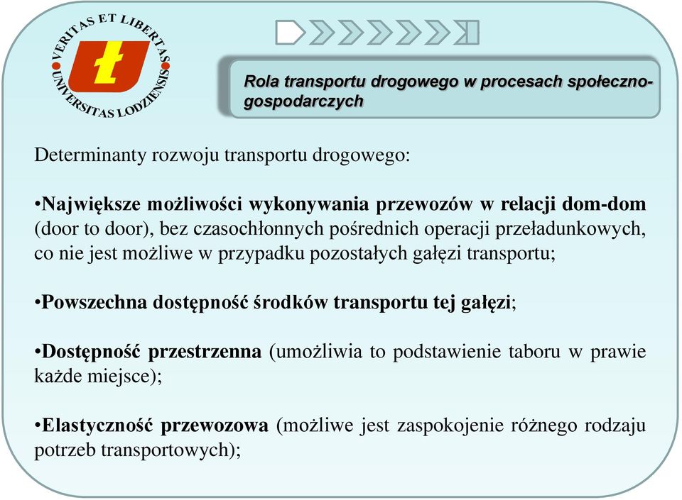 w przypadku pozostałych gałęzi transportu; Powszechna dostępność środków transportu tej gałęzi; Dostępność przestrzenna (umożliwia