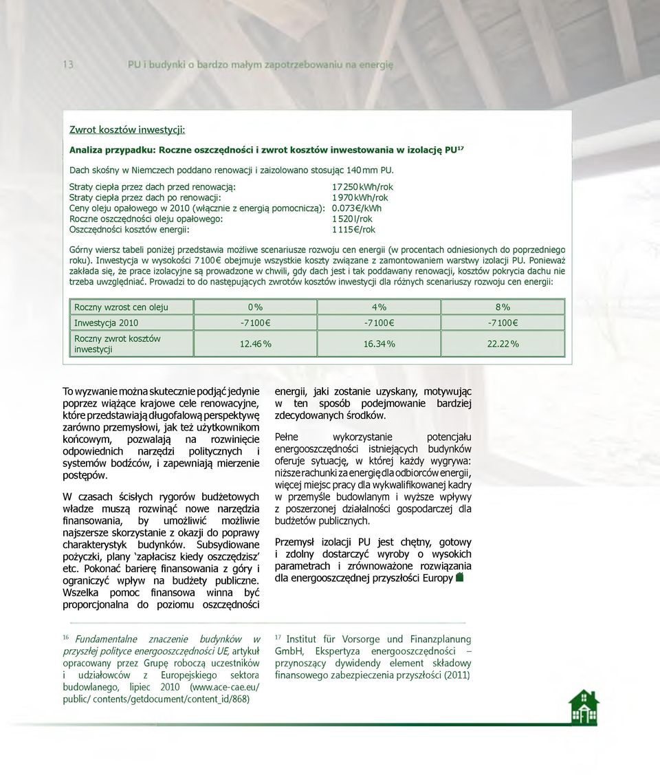 073 /kwh Roczne oszczędności oleju opałowego: 1520 l /rok Oszczędności kosztów energii: 1 115 /rok Górny wiersz tabeli poniżej przedstawia możliwe scenariusze rozwoju cen energii (w procentach