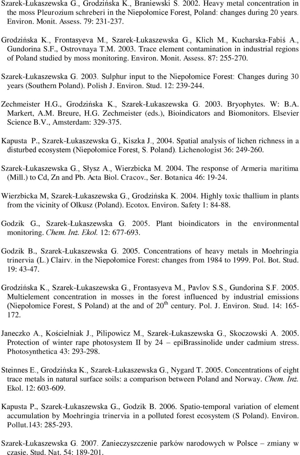 Trace element contamination in industrial regions of Poland studied by moss monitoring. Environ. Monit. Assess. 87: 255-270. Szarek-Łukaszewska G. 2003.