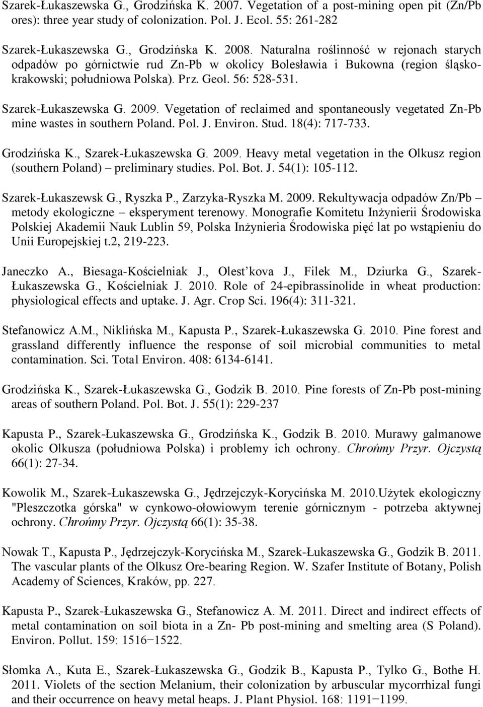 Vegetation of reclaimed and spontaneously vegetated Zn-Pb mine wastes in southern Poland. Pol. J. Environ. Stud. 18(4): 717-733. Grodzińska K., Szarek-Łukaszewska G. 2009.