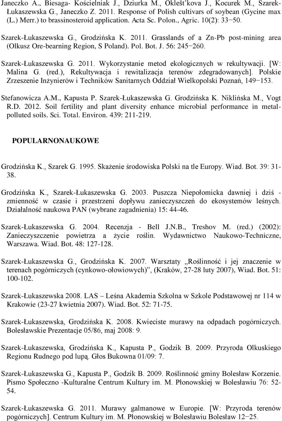 J. 56: 245 260. Szarek-Łukaszewska G. 2011. Wykorzystanie metod ekologicznych w rekultywacji. [W: Malina G. (red.), Rekultywacja i rewitalizacja terenów zdegradowanych].