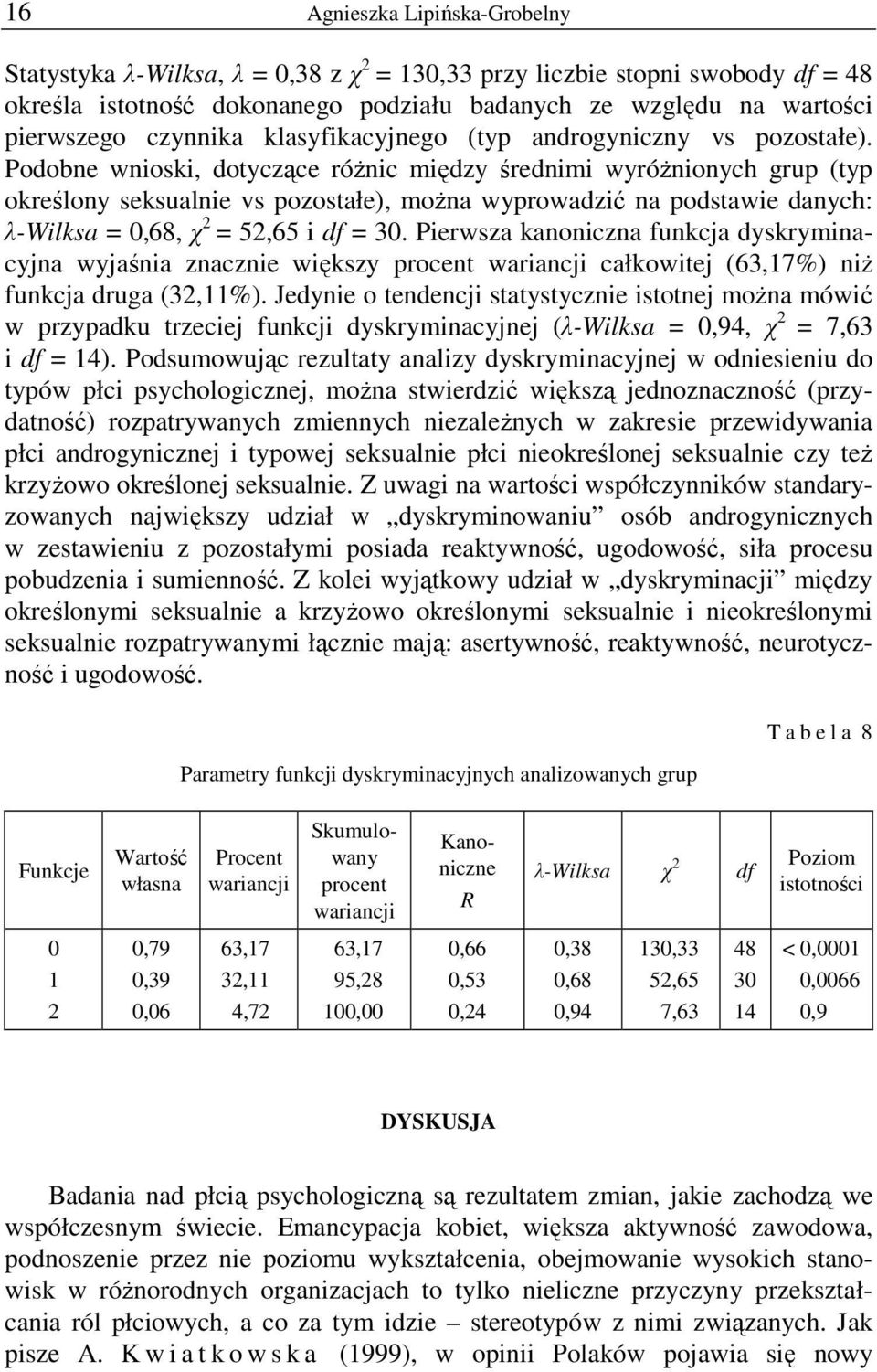 Podobne wnioski, dotyczące róŝnic między średnimi wyróŝnionych grup (typ określony seksualnie vs pozostałe), moŝna wyprowadzić na podstawie danych: λ-wilksa = 0,68, χ 2 = 52,65 i df = 30.