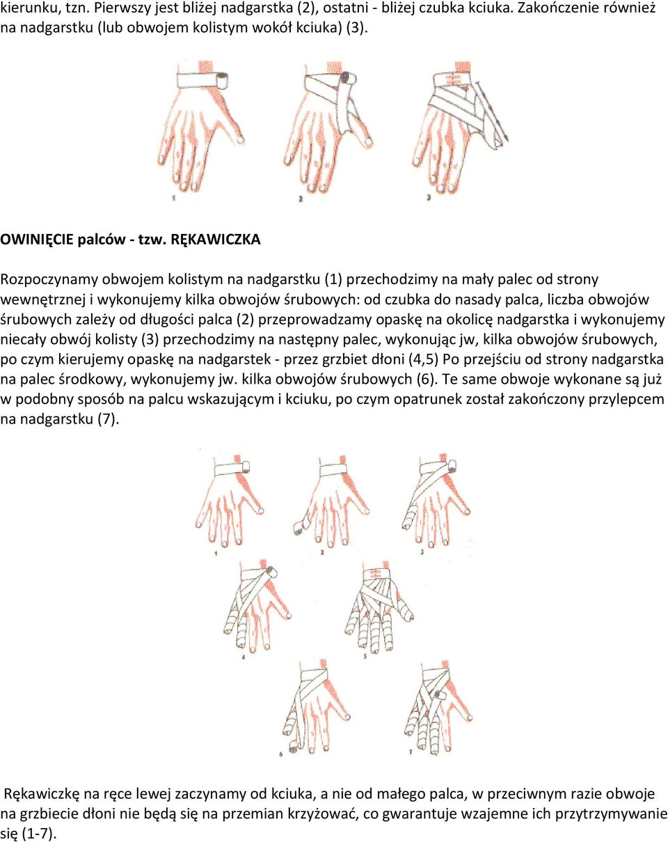 zależy od długości palca (2) przeprowadzamy opaskę na okolicę nadgarstka i wykonujemy niecały obwój kolisty (3) przechodzimy na następny palec, wykonując jw, kilka obwojów śrubowych, po czym