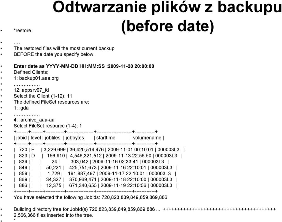 4: :archive_aaa-aa Select FileSet resource (1-4): 1 +-------+-------+-----------+----------------+---------------------+------------+ jobid level jobfiles jobbytes starttime volumename