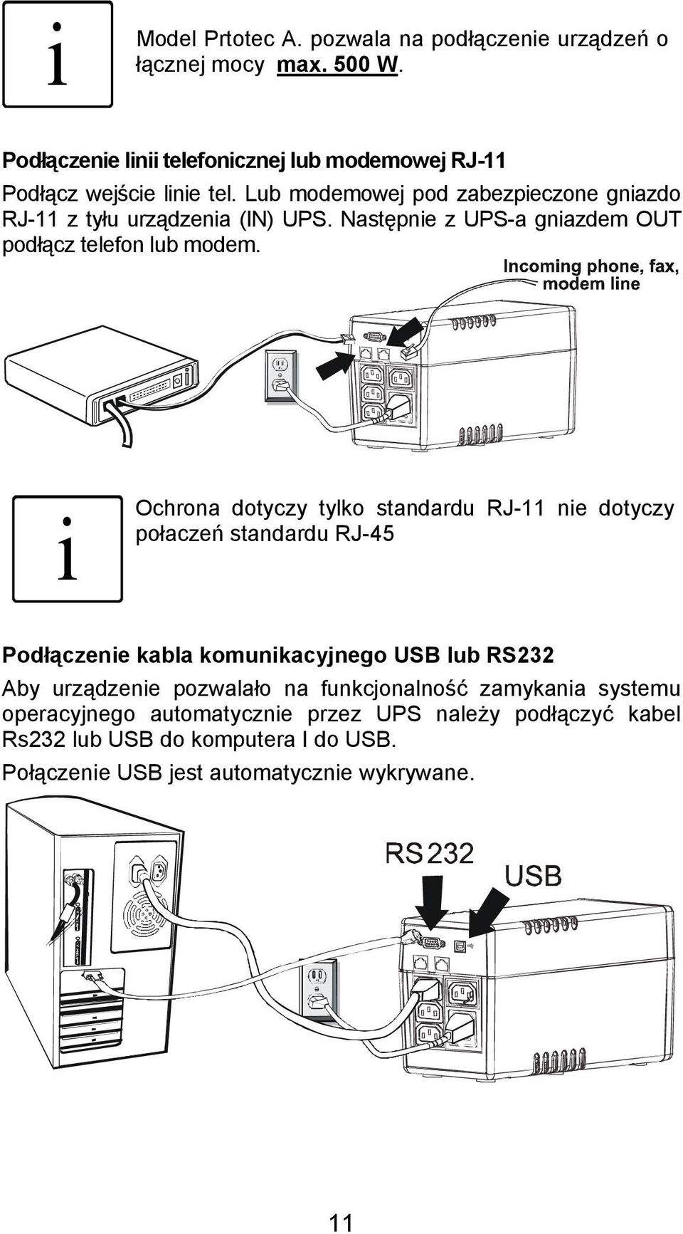 Następnie z UPS-a gniazdem OUT podłącz telefon lub modem.