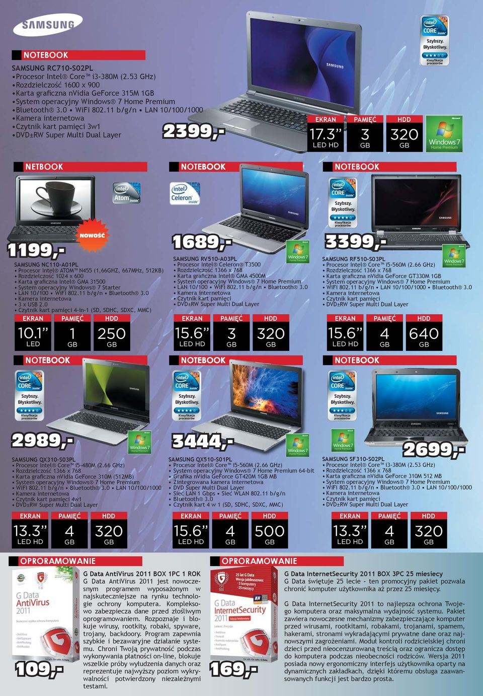 3 3 LED HD NETBOOK SAMSUNG NC110-A01PL Procesor Intel ATOM N455 (1,66GHZ, 667MHz, 512KB) Rozdzielczość 1024 x 600 Karta graficzna Intel GMA 31500 System operacyjny Windows 7 Starter LAN 10/100 WiFi