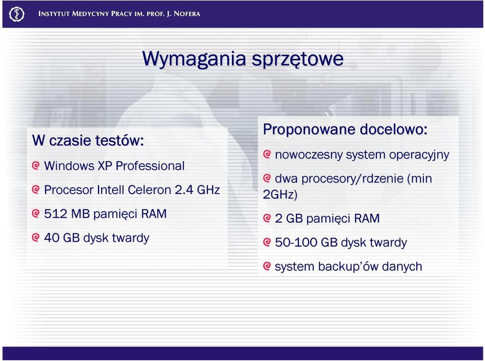 4 GHz 512 MB pamięci RAM 40 GB dysk twardy Proponowane docelowo: