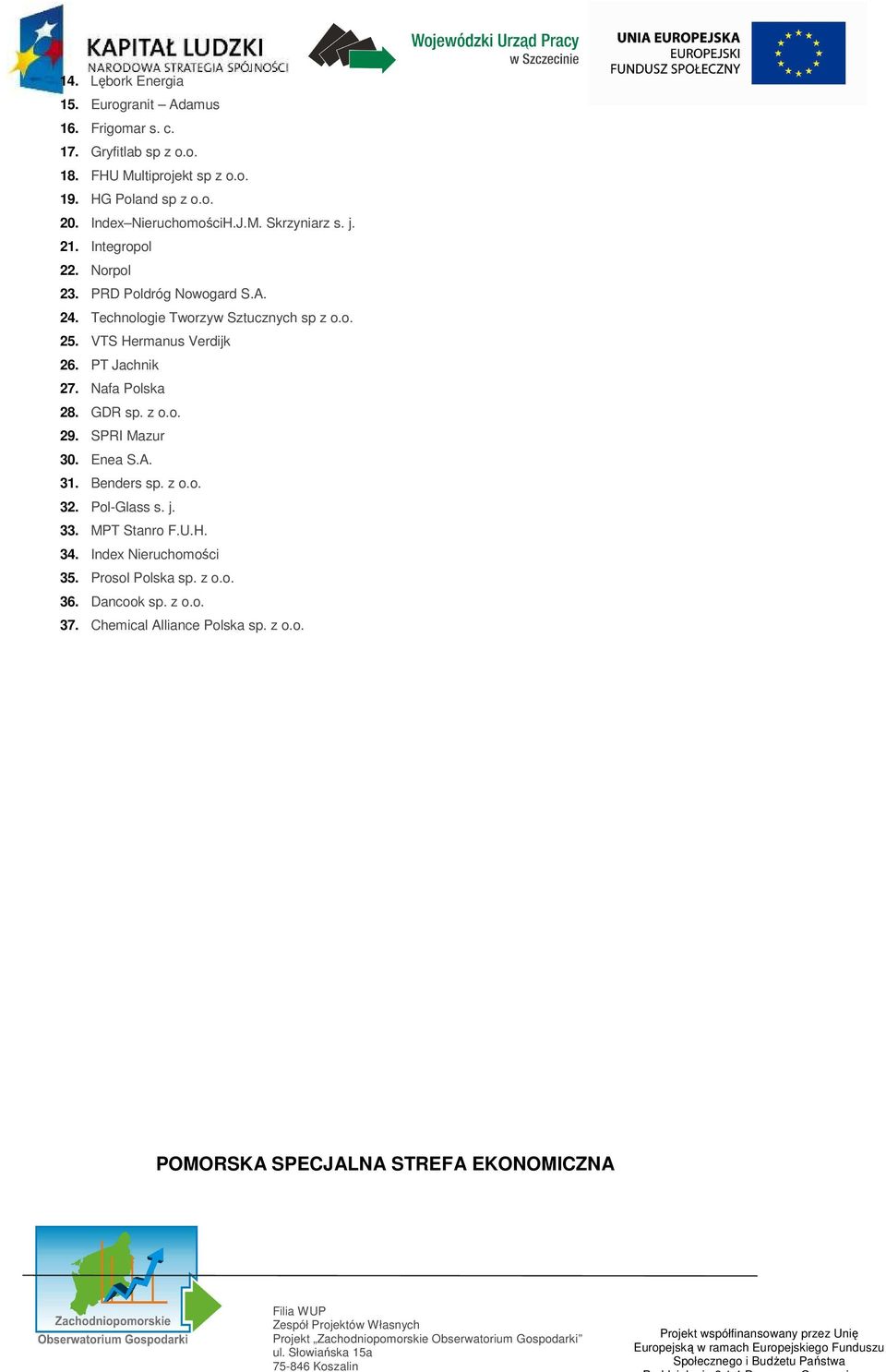 VTS Hermanus Verdijk 26. PT Jachnik 27. Nafa Polska 28. GDR sp. z o.o. 29. SPRI Mazur 30. Enea S.A. 31. Benders sp. z o.o. 32. Pol-Glass s. j. 33.