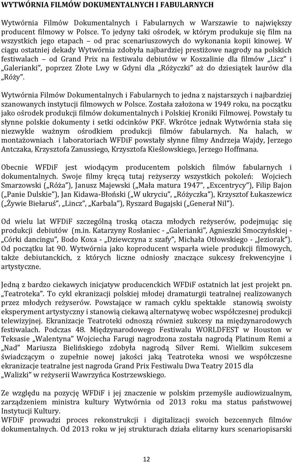 W ciągu ostatniej dekady Wytwórnia zdobyła najbardziej prestiżowe nagrody na polskich festiwalach od Grand Prix na festiwalu debiutów w Koszalinie dla filmów Licz i Galerianki, poprzez Złote Lwy w