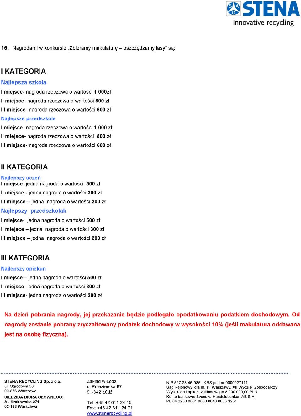 wartości 600 zł II KATEGORIA Najlepszy uczeń I miejsce -jedna nagroda o wartości 500 zł II miejsce - jedna nagroda o wartości 300 zł III miejsce jedna nagroda o wartości 200 zł Najlepszy przedszkolak