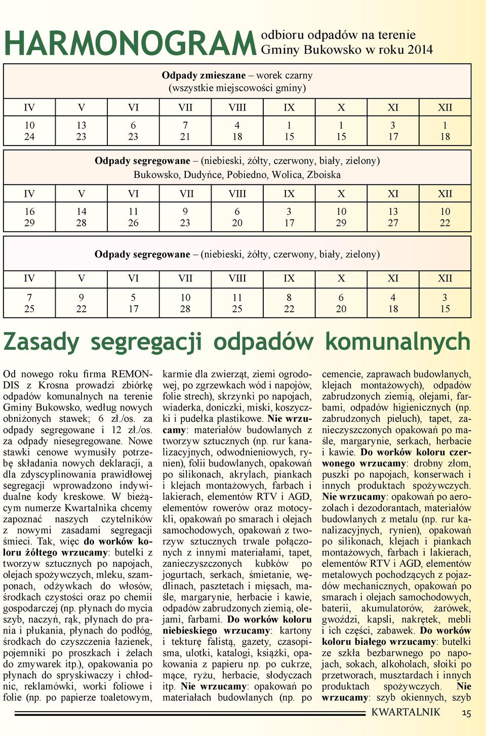 Odpady segregowane (niebieski, żółty, czerwony, biały, zielony) IV V VI VII VIII IX X XI XII 7 25 9 22 5 17 10 28 11 25 Zasady segregacji odpadów komunalnych 8 22 6 20 4 18 3 15 Od nowego roku firma