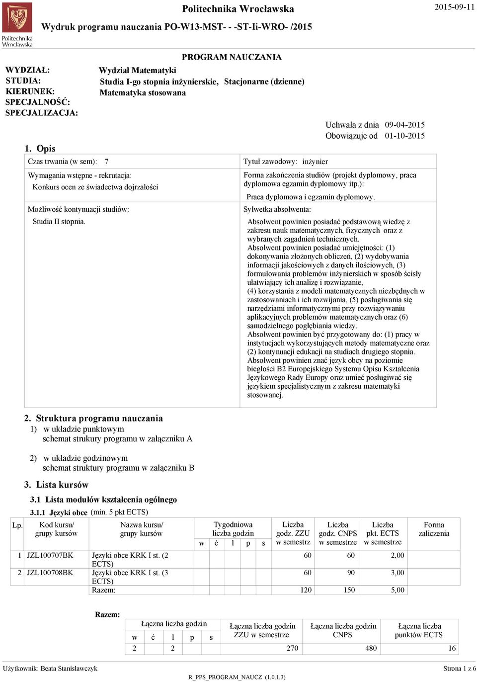 Struktura programu nauczania ) układzie punktoym chemat trukury programu załączniku A ) układzie godzinoym chemat truktury programu załączniku B PROGRAM NAUCZANIA Wydział Matematyki Studia I-go