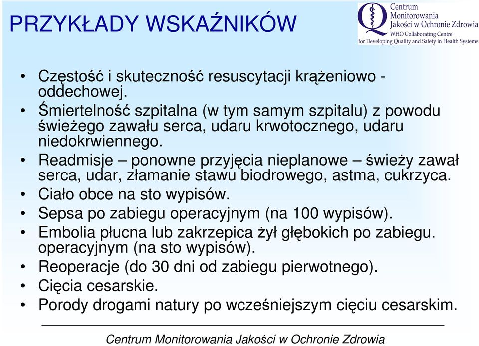 Readmisje ponowne przyjęcia nieplanowe świeŝy zawał serca, udar, złamanie stawu biodrowego, astma, cukrzyca. Ciało obce na sto wypisów.