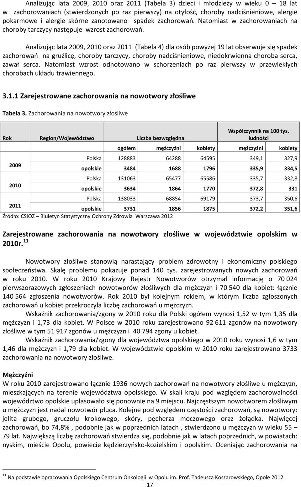 Analizując lata 2009, 2010 oraz 2011 (Tabela 4) dla osób powyżej 19 lat obserwuje się spadek zachorowań na gruźlicę, choroby tarczycy, choroby nadciśnieniowe, niedokrwienna choroba serca, zawał serca.