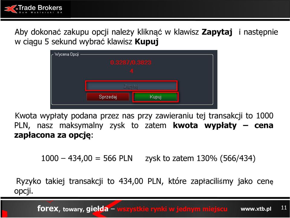 maksymalny zysk to zatem kwota wypłaty cena zapłacona za opcję: 1000 434,00 = 566 PLN zysk to