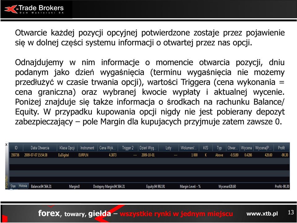 trwania opcji), wartości Triggera (cena wykonania = cena graniczna) oraz wybranej kwocie wypłaty i aktualnej wycenie.