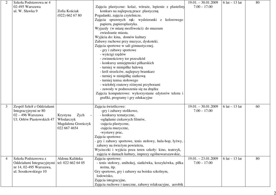 Wyjścia do: kina, domów kultury Zabawy ruchowe przy muzyce, dyskoteki. Zajęcia sportowe w sali gimnastycznej.