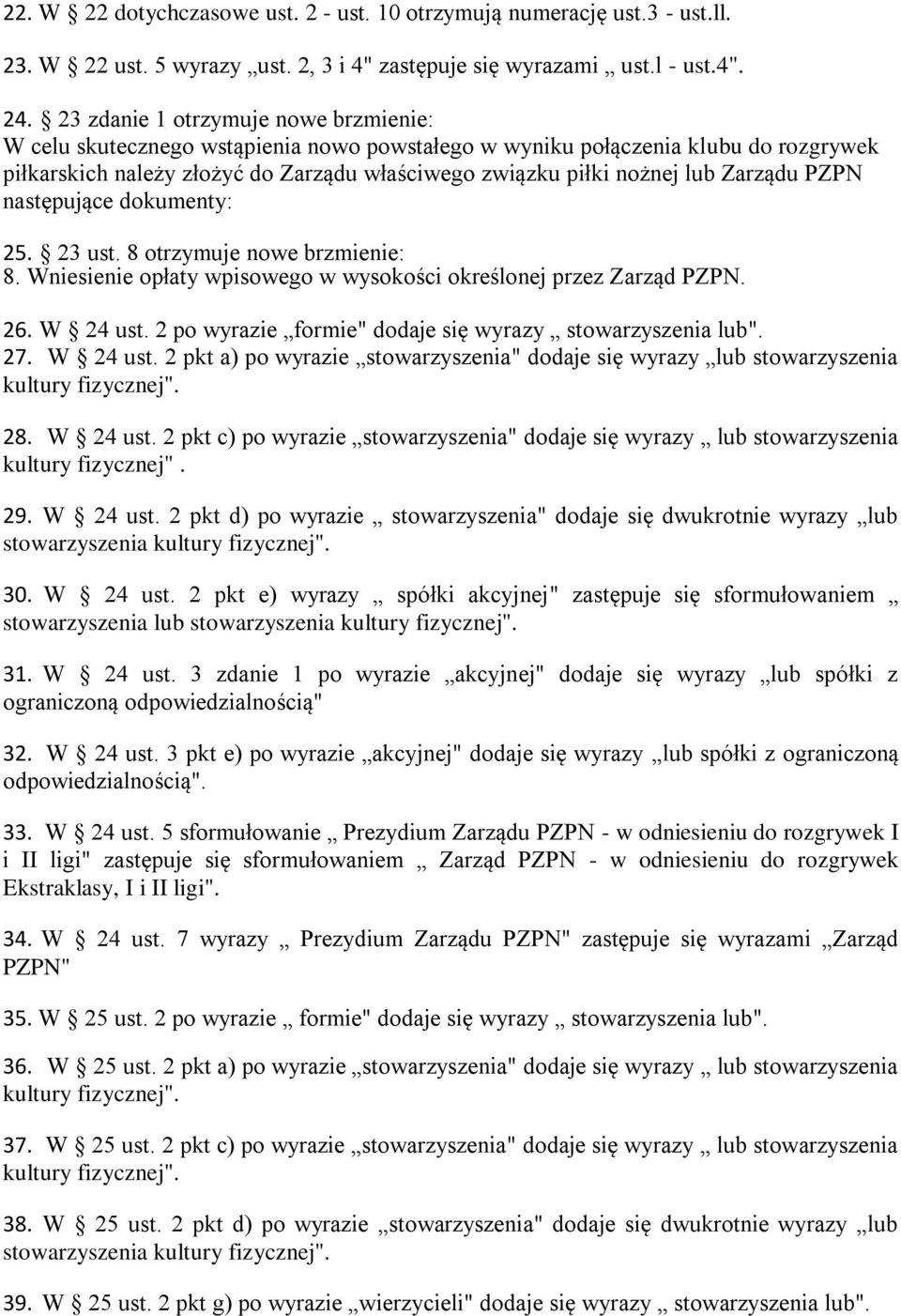 Zarządu PZPN następujące dokumenty: 25. 23 ust. 8 otrzymuje nowe brzmienie: 8. Wniesienie opłaty wpisowego w wysokości określonej przez Zarząd PZPN. 26. W 24 ust.