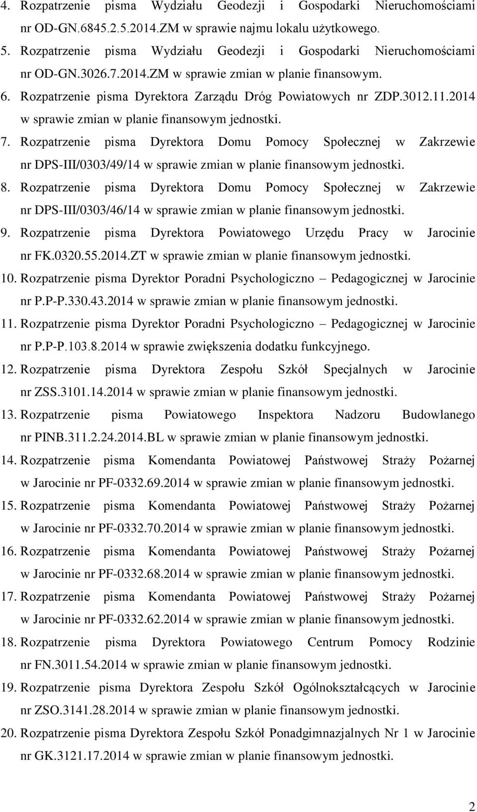 2014 w sprawie zmian w planie finansowym jednostki. 7. Rozpatrzenie pisma Dyrektora Domu Pomocy Społecznej w Zakrzewie nr DPS-III/0303/49/14 w sprawie zmian w planie finansowym jednostki. 8.