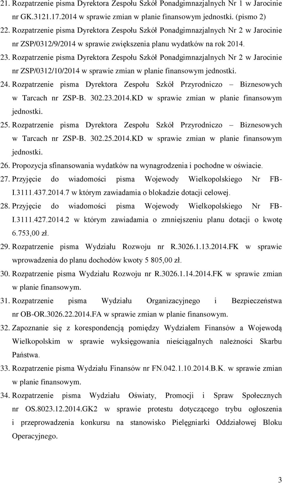 Rozpatrzenie pisma Dyrektora Zespołu Szkół Ponadgimnazjalnych Nr 2 w Jarocinie nr ZSP/0312/10/2014 w sprawie zmian w planie finansowym jednostki. 24.