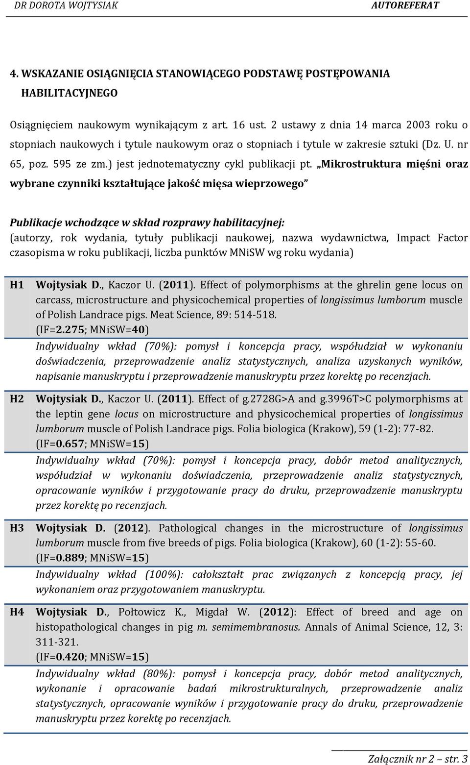 Mikrostruktura mięśni oraz wybrane czynniki kształtujące jakość mięsa wieprzowego Publikacje wchodzące w skład rozprawy habilitacyjnej: (autorzy, rok wydania, tytuły publikacji naukowej, nazwa