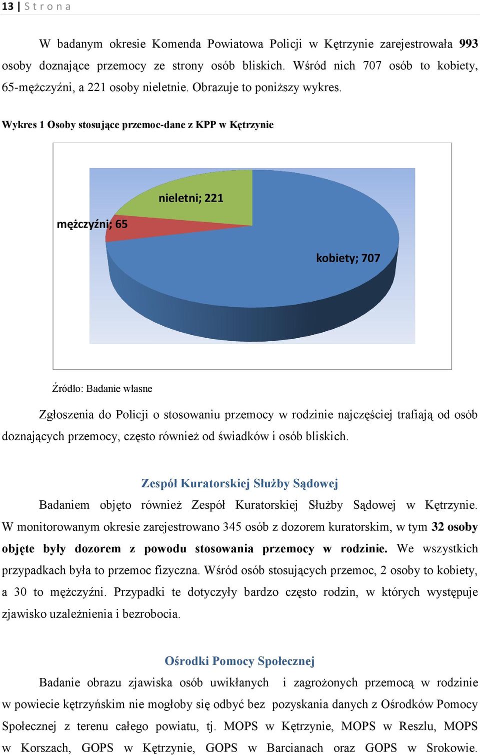 Wykres 1 Osoby stosujące przemoc-dane z KPP w Kętrzynie mężczyźni; 65 nieletni; 221 kobiety; 707 Źródło: Badanie własne Zgłoszenia do Policji o stosowaniu przemocy w rodzinie najczęściej trafiają od