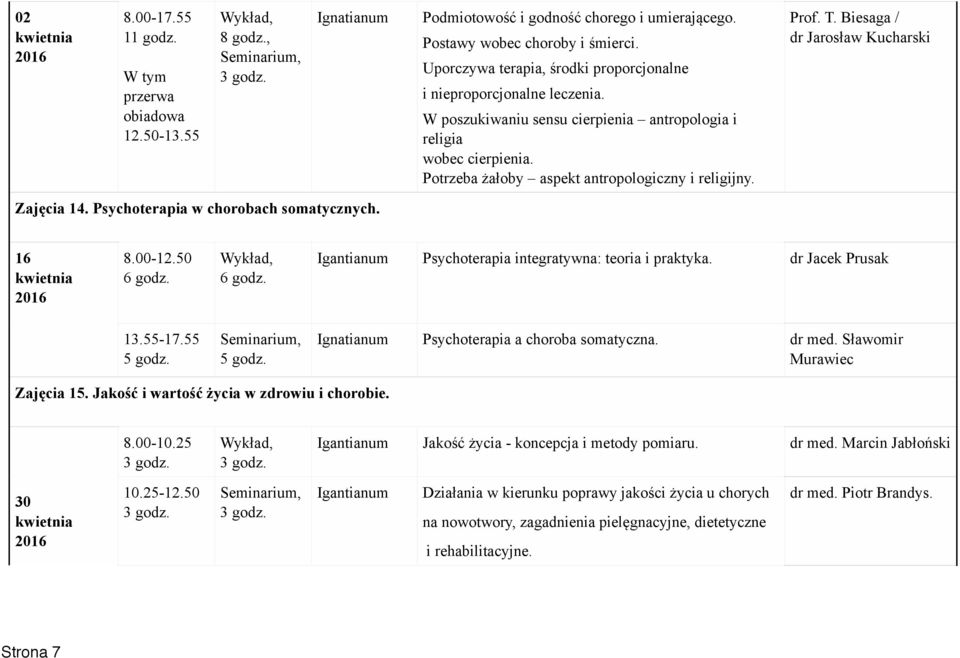 Psychoterapia w chorobach somatycznych. 16 kwietnia Psychoterapia integratywna: teoria i praktyka. dr Jacek Prusak Psychoterapia a choroba somatyczna. dr med. Sławomir Murawiec Zajęcia 15.