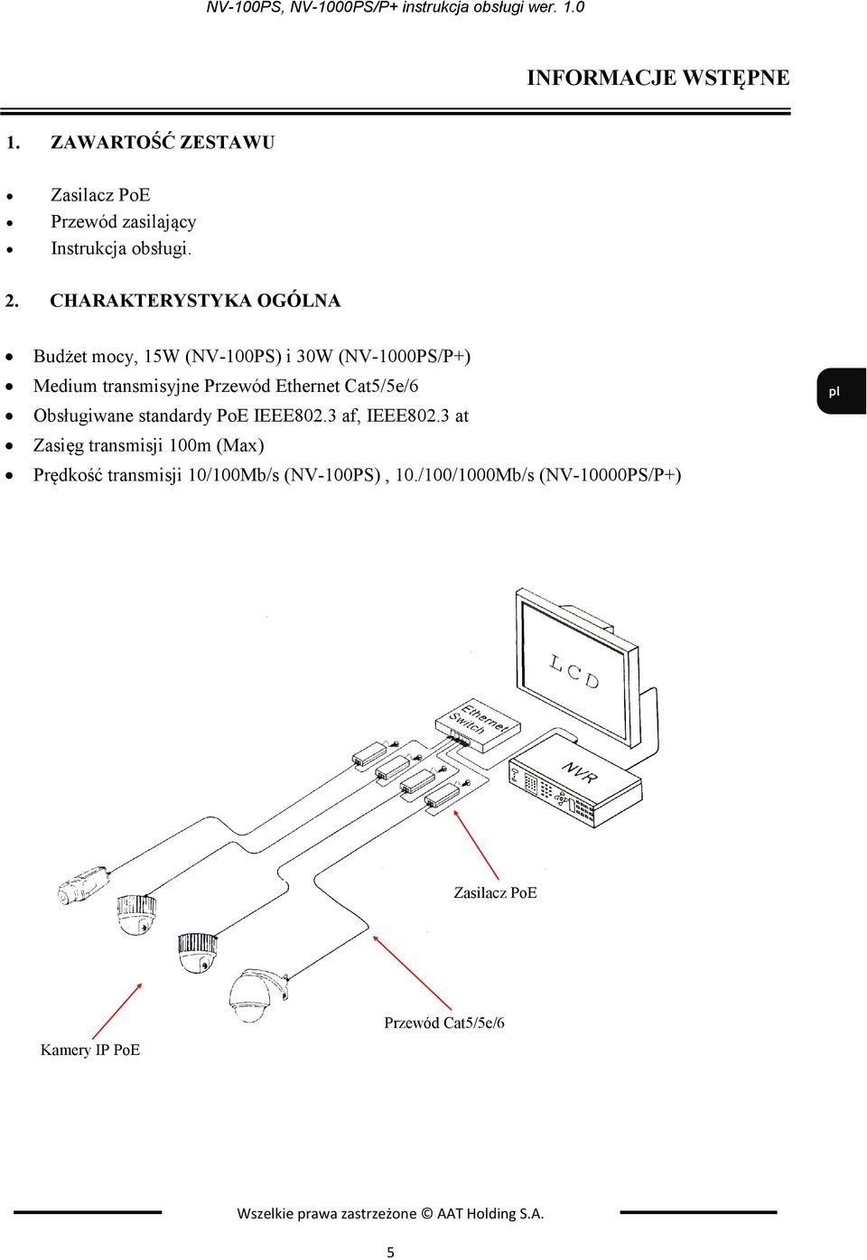 CHARAKTERYSTYKA OGÓLNA Budżet mocy, 15W (NV-100PS) i 30W (NV-1000PS/P+) Medium transmisyjne Przewód Ethernet Cat5/5e/6