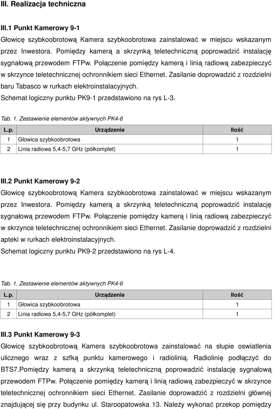 Połączenie pomiędzy kamerą i linią radiową zabezpieczyć w skrzynce teletechnicznej ochronnikiem sieci Ethernet. Zasilanie doprowadzić z rozdzielni baru Tabasco w rurkach elektroinstalacyjnych.