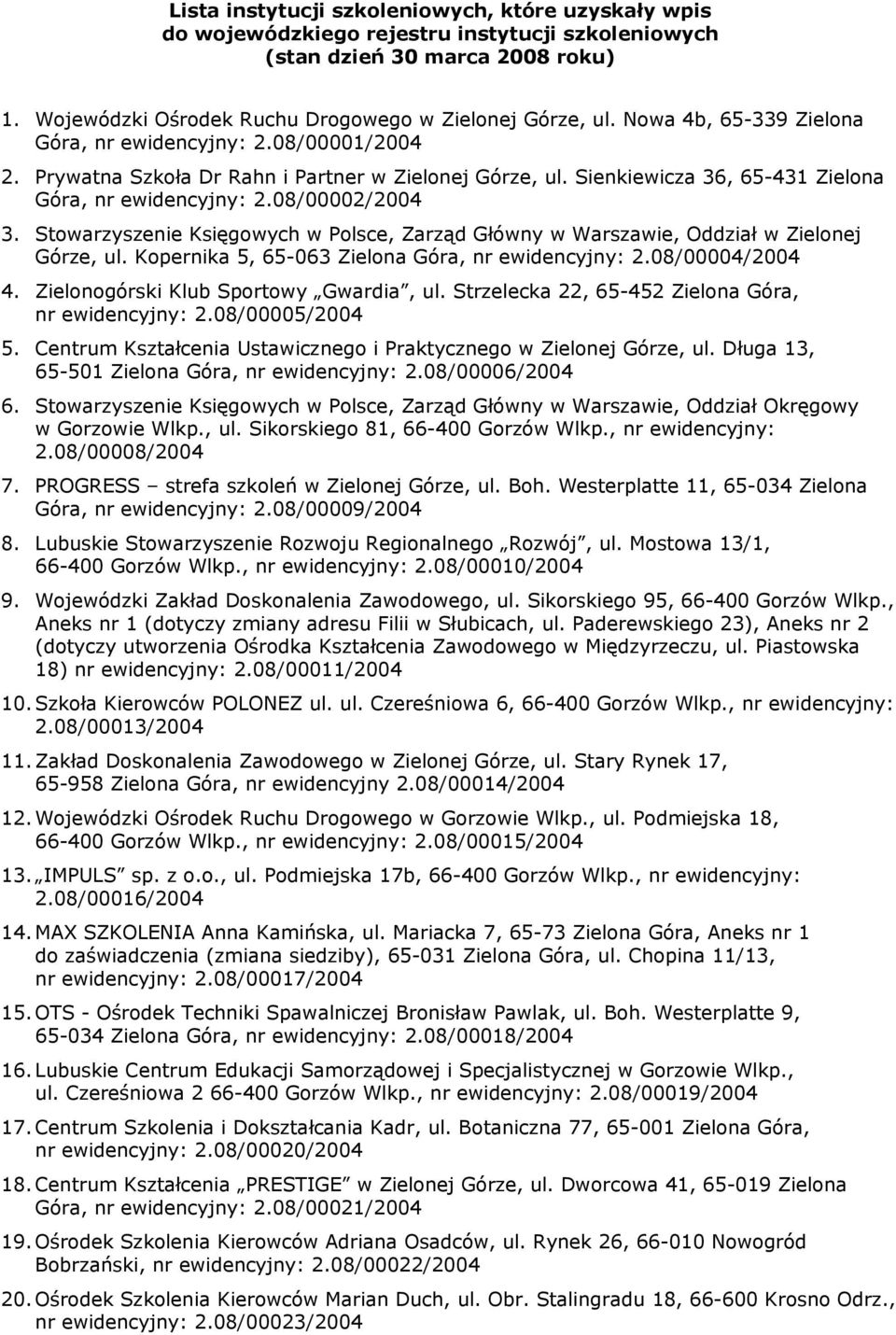 Stowarzyszenie Księgowych w Polsce, Zarząd Główny w Warszawie, Oddział w Zielonej Górze, ul. Kopernika 5, 65-063 Zielona Góra, nr ewidencyjny: 2.08/00004/2004 4.