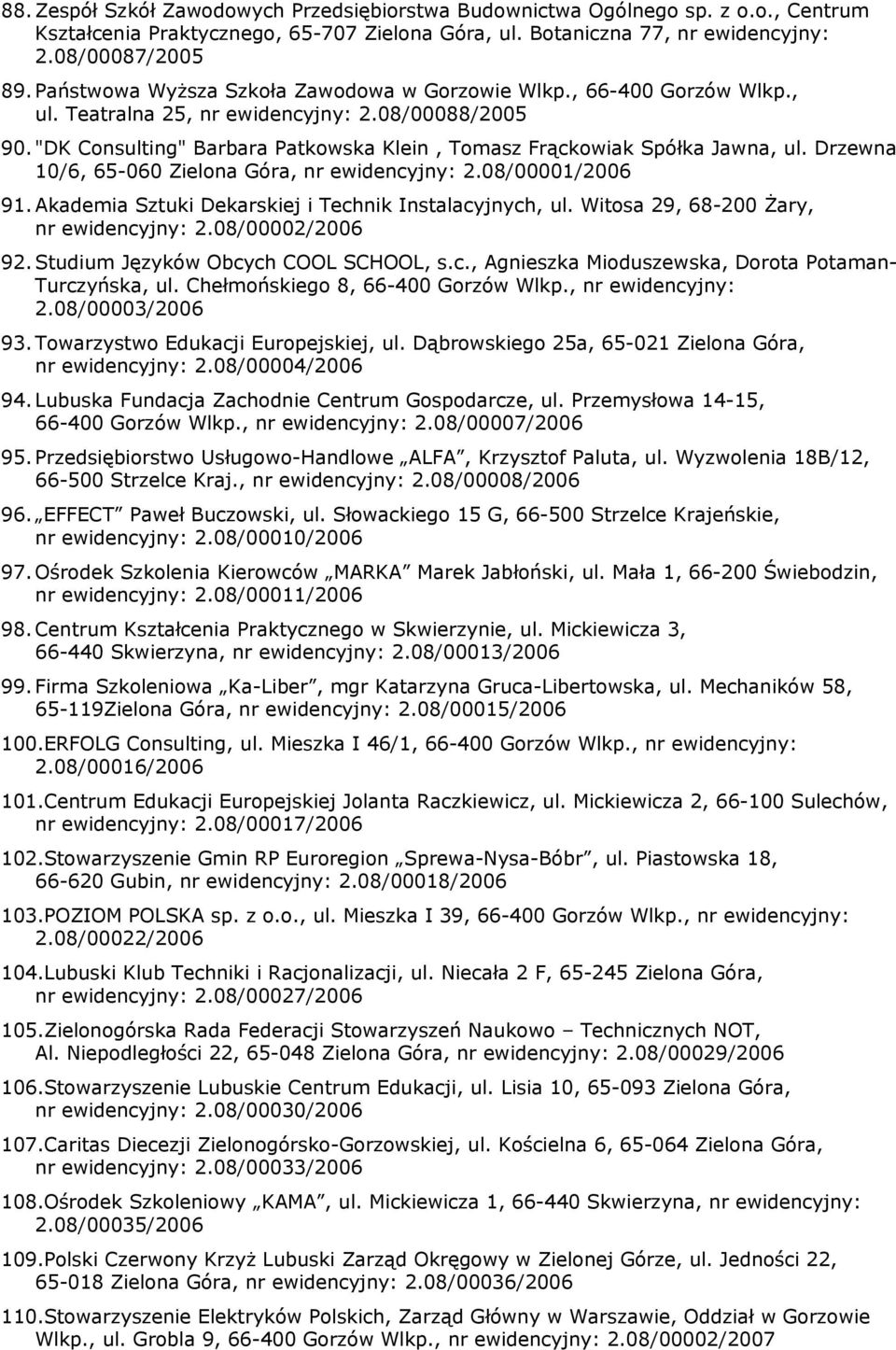 "DK Consulting" Barbara Patkowska Klein, Tomasz Frąckowiak Spółka Jawna, ul. Drzewna 10/6, 65-060 Zielona Góra, nr ewidencyjny: 2.08/00001/2006 91.