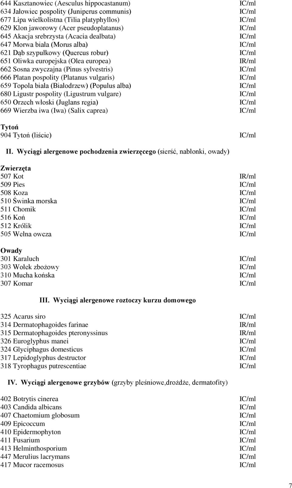 IC/ml 666 Platan pospolity (Platanus vulgaris) IC/ml 659 Topola biała (Białodrzew) (Populus alba) IC/ml 680 Ligustr pospolity (Ligustrum vulgare) IC/ml 650 Orzech włoski (Juglans regia) IC/ml 669