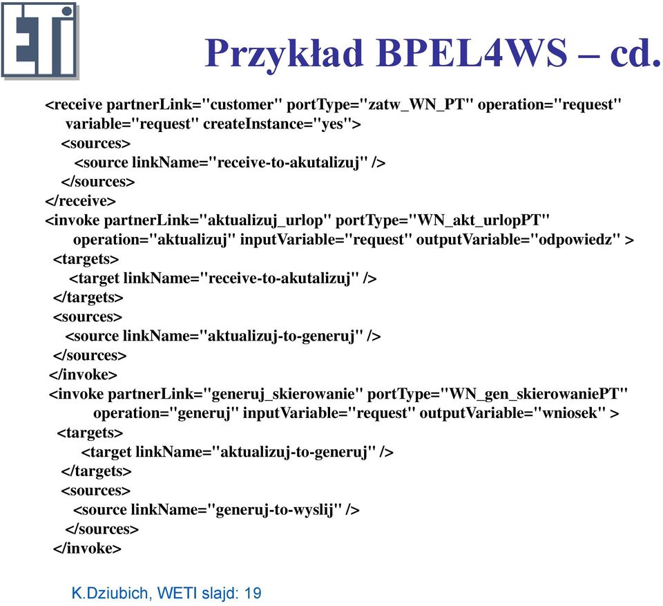 partnerlink="aktualizuj_urlop" porttype="wn_akt_urloppt" operation="aktualizuj" inputvariable="request" outputvariable="odpowiedz" > <targets> <target linkname="receive-to-akutalizuj" /> </targets>