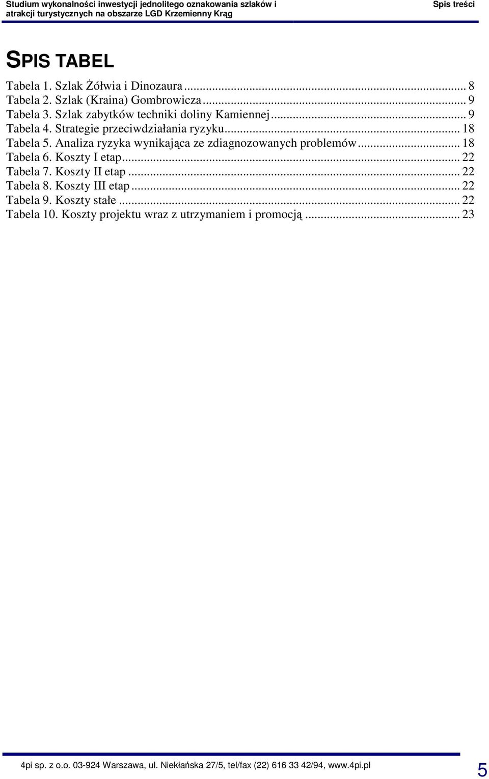 Analiza ryzyka wynikająca ze zdiagnozowanych problemów... 18 Tabela 6. Koszty I etap... 22 Tabela 7. Koszty II etap.