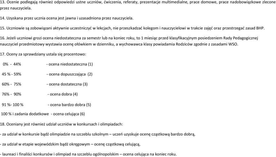 Uczniowie są zobowiązani aktywnie uczestniczyć w lekcjach, nie przeszkadzać kolegom i nauczycielowi w trakcie zajęć oraz przestrzegać zasad BHP. 16.