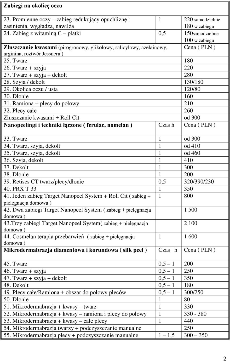 Twarz + szyja 220 27. Twarz + szyja + dekolt 280 28. Szyja / dekolt 130/180 29. Okolica oczu / usta 120/80 30. Dłonie 160 31. Ramiona + plecy do połowy 210 32.