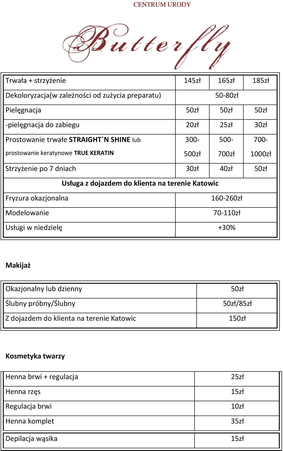 dojazdem do klienta na terenie Katowic Fryzura okazjonalna Modelowanie 160-260zł Usługi w niedzielę +30% Makijaż Okazjonalny lub dzienny Ślubny