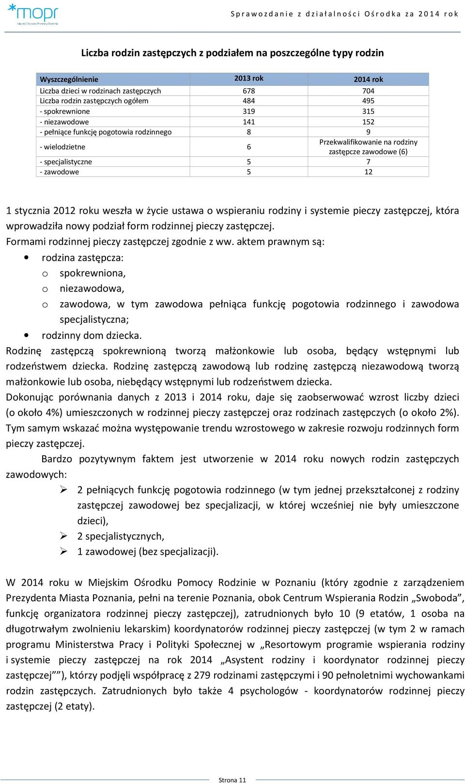 stycznia 2012 roku weszła w życie ustawa o wspieraniu rodziny i systemie pieczy zastępczej, która wprowadziła nowy podział form rodzinnej pieczy zastępczej.