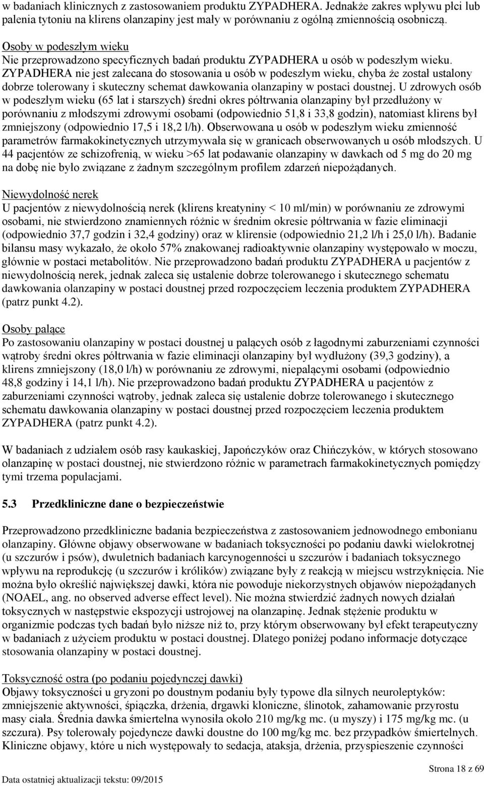 ZYPADHERA nie jest zalecana do stosowania u osób w podeszłym wieku, chyba że został ustalony dobrze tolerowany i skuteczny schemat dawkowania olanzapiny w postaci doustnej.