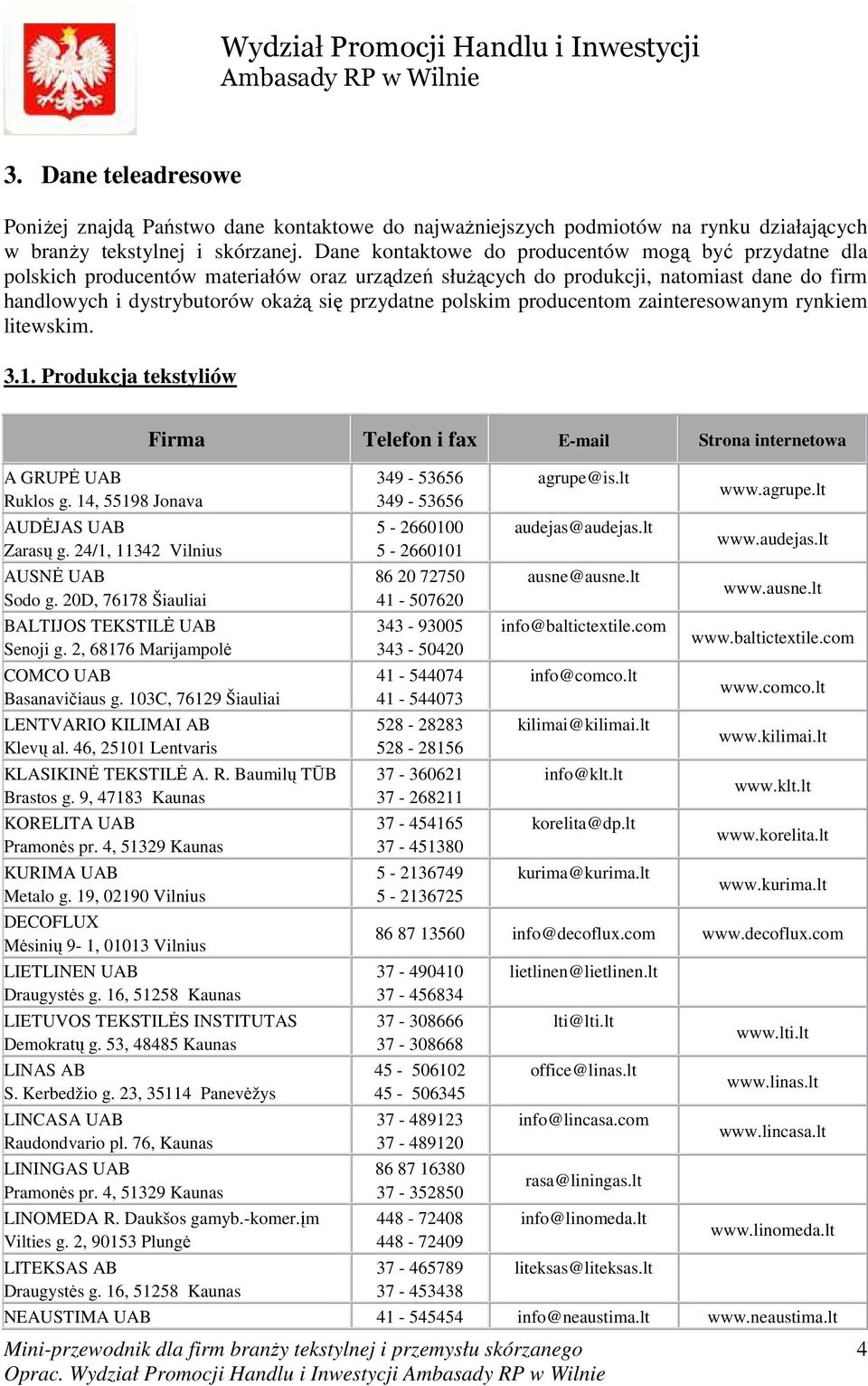 polskim producentom zainteresowanym rynkiem litewskim. 3.1. Produkcja tekstyliów A GRUPö UAB Ruklos g. 14, 55198 Jonava AUDöJAS UAB Zarasų g. 24/1, 11342 Vilnius AUSNö UAB Sodo g.