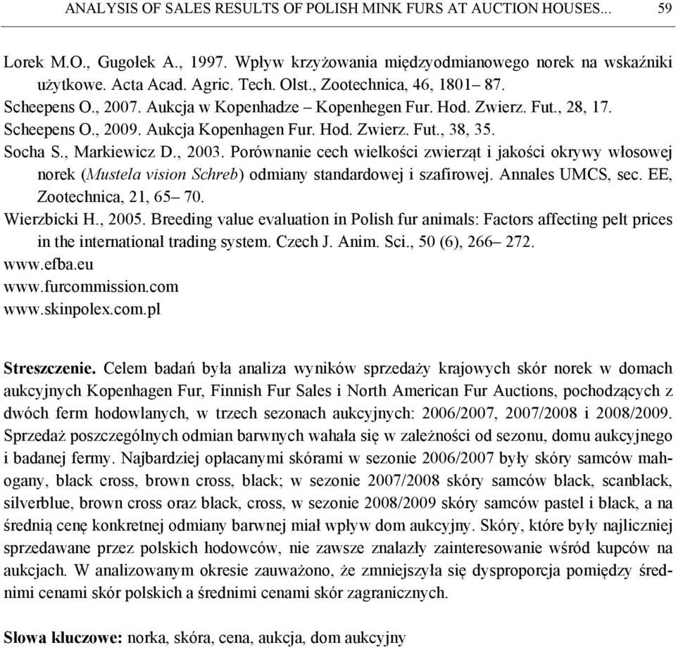 , Markiewicz D., 2003. Porównanie cech wielkości zwierząt i jakości okrywy włosowej norek (Mustela vision Schreb) odmiany standardowej i szafirowej. Annales UMCS, sec. EE, Zootechnica, 21, 65 70.