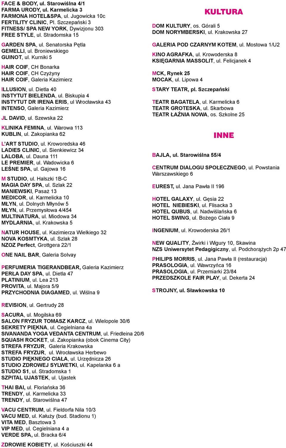 Dietla 40 INSTYTUT BIELENDA, ul. Biskupia 4 INSTYTUT DR IRENA ERIS, ul Wrocławska 43 INTENSO, Galeria Kazimierz JL DAVID, ul. Szewska 22 KLINIKA FEMINA, ul. Warowa 113 KUBLIN, ul.