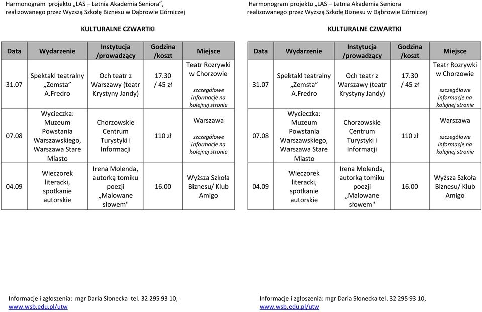 Turystyki i Informacji Irena Molenda, autorką tomiku poezji Malowane słowem" Godzina /koszt 17.30 / 45 zł 110 zł 16.