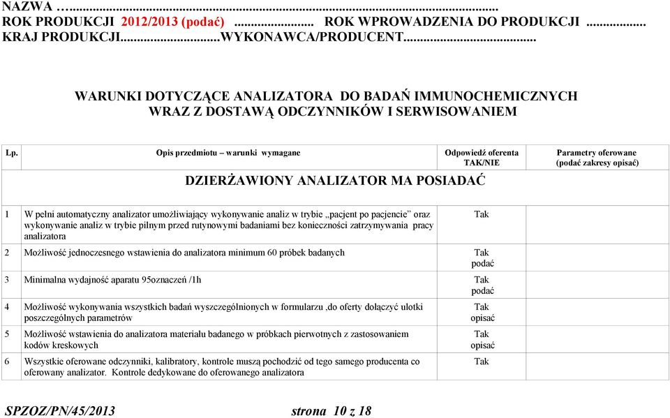 Opis przedmiotu warunki wymagane Odpowiedź oferenta TAK/NIE DZIERŻAWIONY ANALIZATOR MA POSIADAĆ Parametry oferowane (podać zakresy opisać) 1 W pełni automatyczny analizator umożliwiający wykonywanie