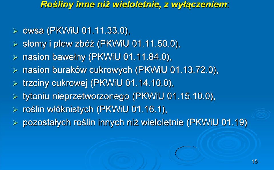 0), nasion buraków cukrowych (PKWiU 01.13.72.0), trzciny cukrowej (PKWiU 01.14.10.