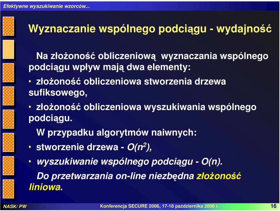 pociągu. W przypaku algorytmów naiwnych: stworzenie rzewa - O(n 2 ), wyszukiwanie wspólnego pociągu - O(n).