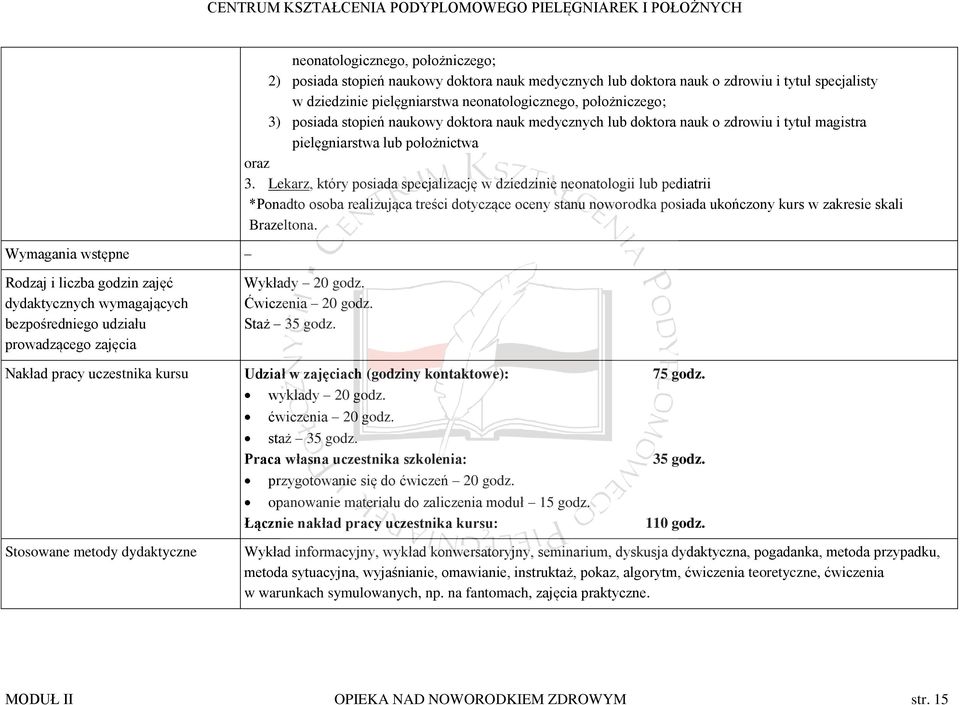 Lekarz, który posiada specjalizację w dziedzinie neonatologii lub pediatrii *Ponadto osoba realizująca treści dotyczące oceny stanu noworodka posiada ukończony kurs w zakresie skali Brazeltona.