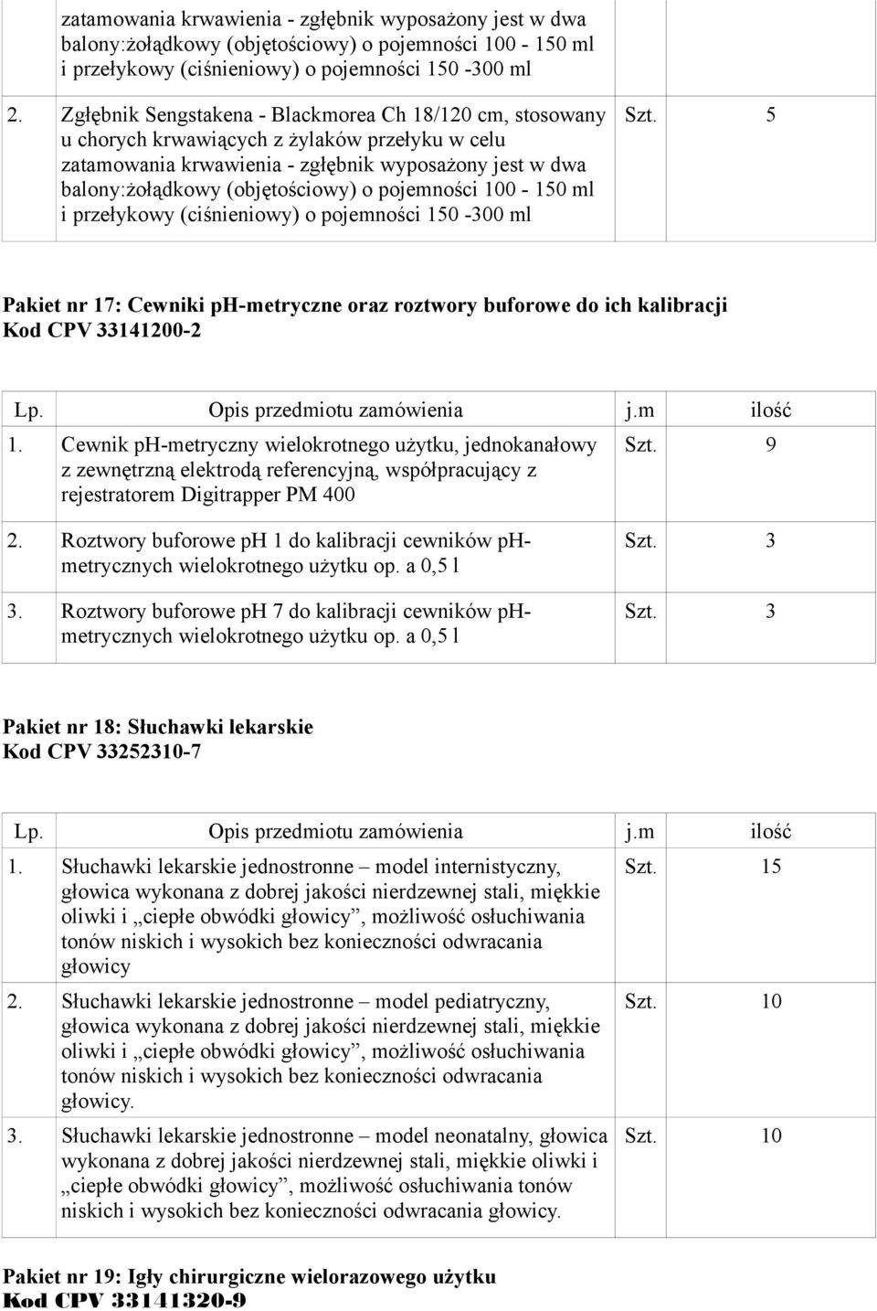 pojemności 100-150 ml i przełykowy (ciśnieniowy) o pojemności 150-300 ml Szt. 5 Pakiet nr 17: Cewniki ph-metryczne oraz roztwory buforowe do ich kalibracji Kod CPV 33141200-2 1.