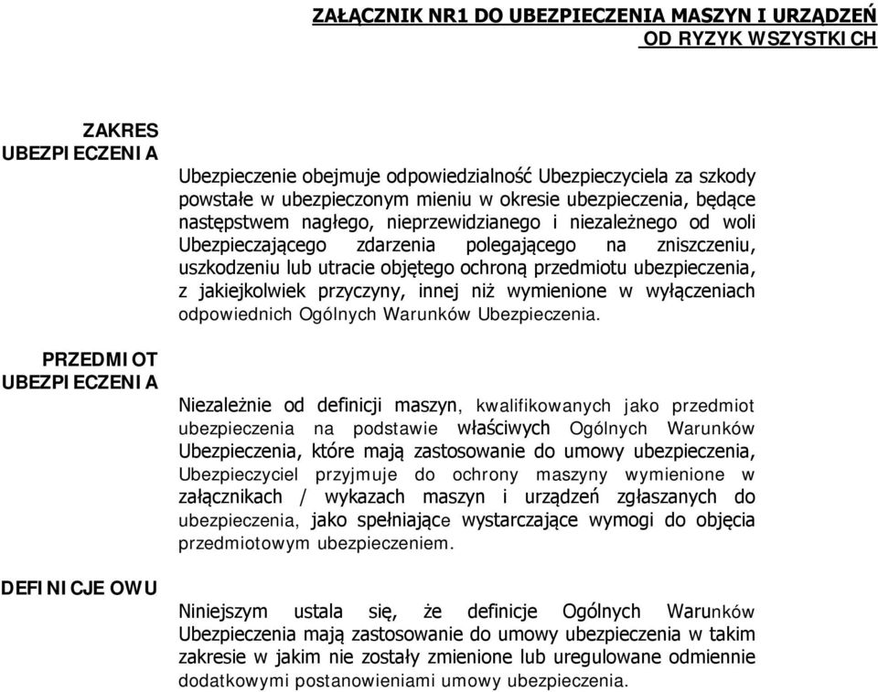 utracie objętego ochroną przedmiotu ubezpieczenia, z jakiejkolwiek przyczyny, innej niż wymienione w wyłączeniach odpowiednich Ogólnych Warunków Ubezpieczenia.