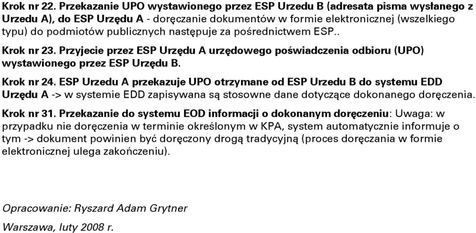 następuje za pośrednictwem ESP.. Krok nr 23. Przyjecie przez ESP Urzędu A urzędowego poświadczenia odbioru (UPO) wystawionego przez ESP Urzędu B. Krok nr 24.